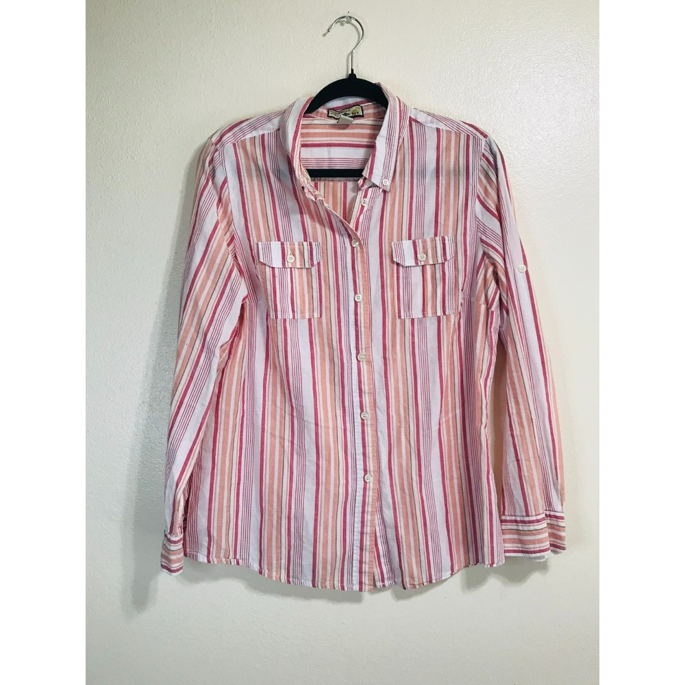 Caribbean Joe Women's Tab Sleeve Striped Cotton Button Up, Size L